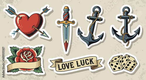 Vector tattoo stickers set heart anchor dice rose banner