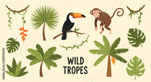 Flat vector jungle elements toucan monkey palm trees vines