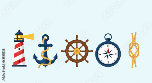 Flat vector nautical icons for maritime travel sea adventure