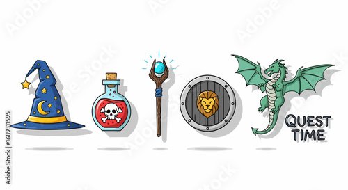Fantasy game icons wizard hat poison potion magic staff shield dragon