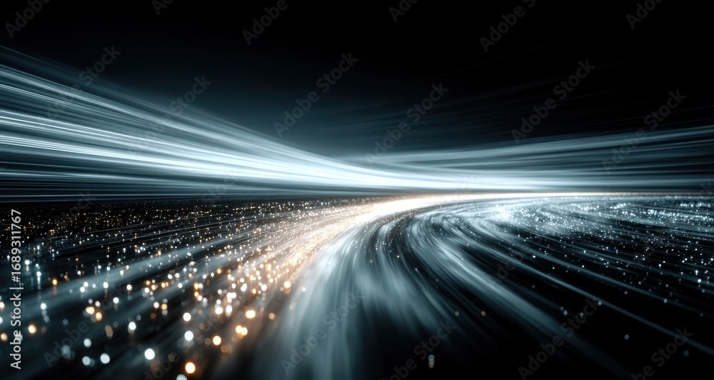 Fototapeta premium Abstract Futuristic Digital Data Flow Motion Light Trails Through a Network of Glowing Particles