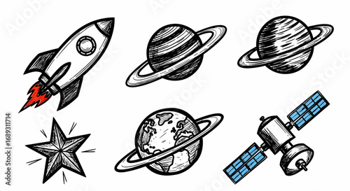 Sketch Style Rocket Planets and Satellite in Space
