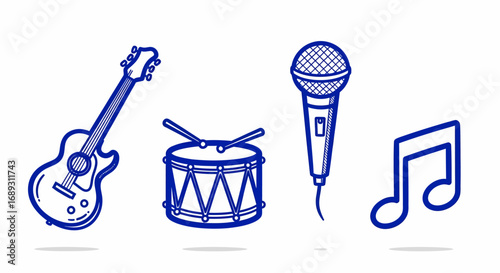 Doodle vector illustration of musical instruments drum microphone guitar note