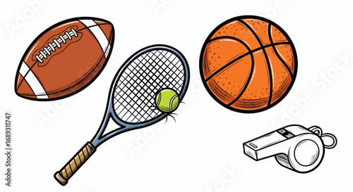 Hand drawn sports equipment collection with balls and whistle