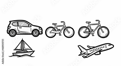 Hand drawn collection of diverse transport vehicles illustration