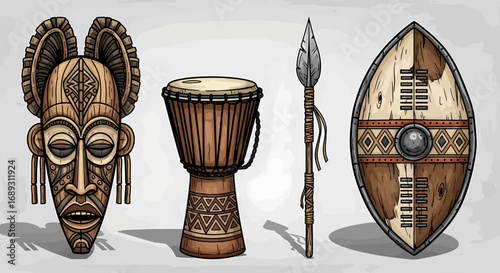 Tribal African mask drum spear and shield illustration