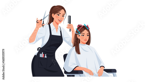 Skilled hairstylist carefully cuts and styles client s long brown hair with professional tools