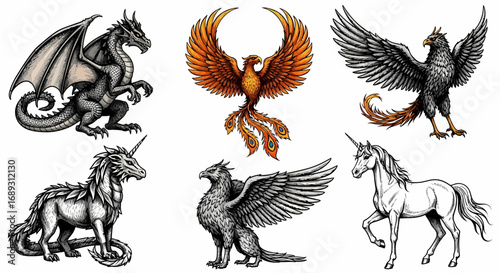 Fantasy creatures mythical beasts dragon phoenix unicorn griffin