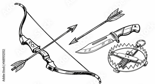 Hand drawn hunting bow arrow knife and trap