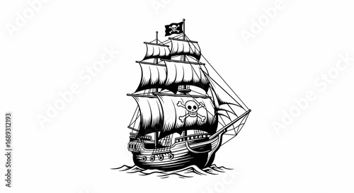 Vector illustration of a black and white pirate ship sailing on the sea