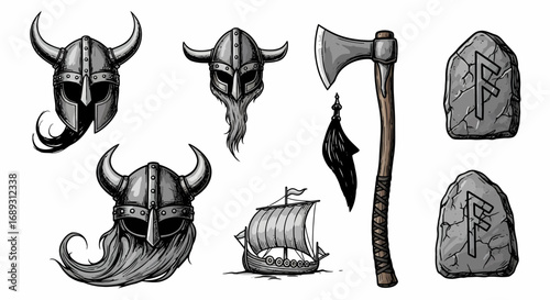 Illustration Viking Helmets Axe Ship and Runes Set