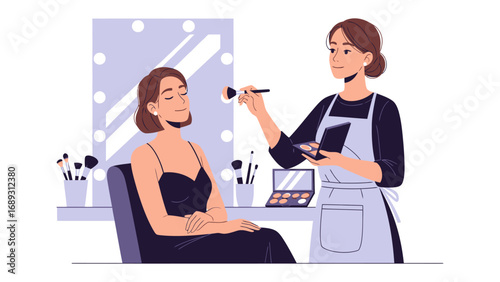 Professional makeup artist applying glamorous makeup to a seated client in a well lit studio setting
