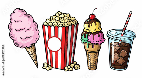 Vector illustration of popcorn ice cream and soda drinks