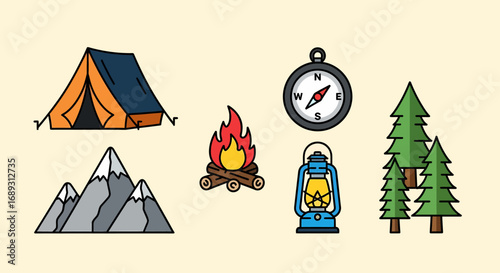 Camping flat vector icons for outdoor adventure and travel