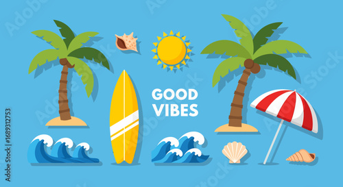 Flat vector illustration of summer beach elements with surfing and good vibes