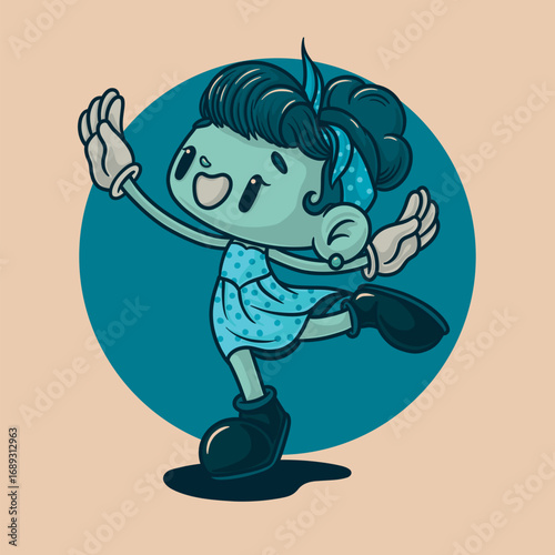Cute vector illustration of a smiling little boy and girl with their toys and a monster character