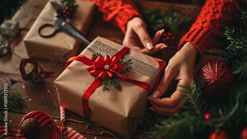 Close-up of hands wrapping a Christmas gift with red ribbon, scissors and glittering paper on wooden table,