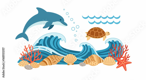 Ocean scene with dolphin and turtle in a cute flat vector illustration