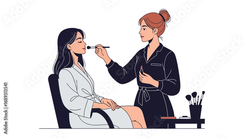 Professional makeup artist applying cosmetics to a client in a salon setting with brushes and tools