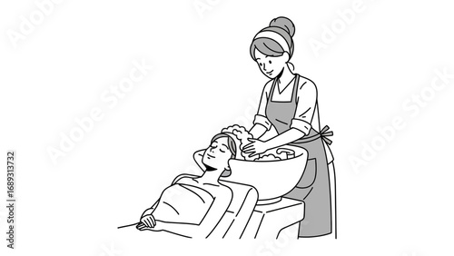 Stylist washing client s hair over a sink in a salon setting with a vintage sketch style