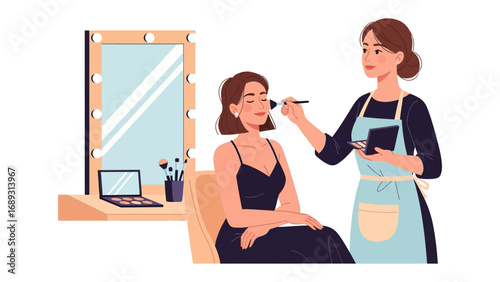 Professional makeup artist applying cosmetics to a woman s face in a well lit dressing room with a mirror