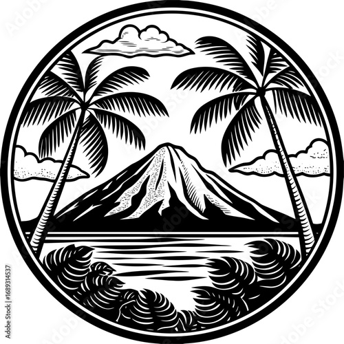 Stylized black and white circular emblem featuring a majestic volcano flanked by palm trees and clouds above a calm ocean with tropical foliage