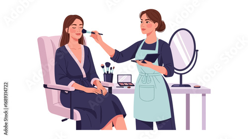 Professional makeup artist applying blush to a client sitting in a chair with makeup tools and mirror nearby