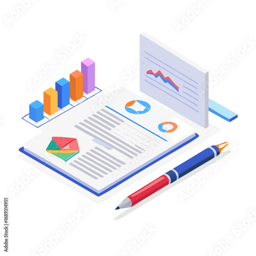 Isometric illustration of business analytics with charts graphs and documents on a black background symbolizing financial data and planning