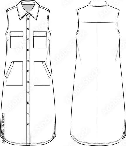 Sleeveless shirt dress fashion flat, button-down dress with pockets, front and back CAD view, technical vector garment illustration