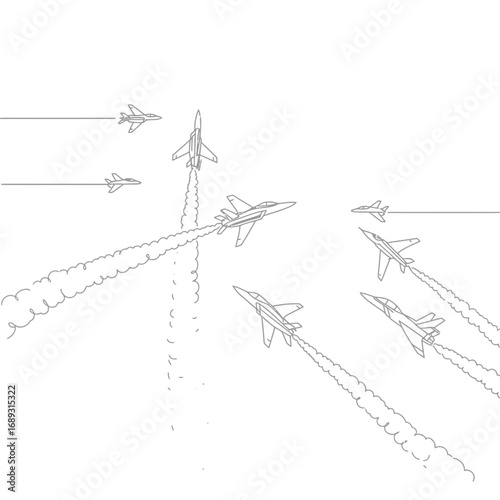 Grey Scale Illustration of Airplanes in Formation Flying