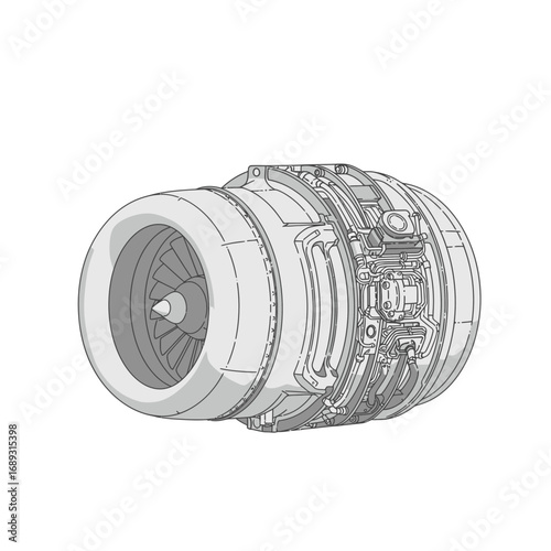 Grey Scale Technical Drawing of an Aircraft Turbine Engine