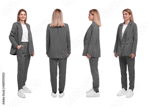 Beautiful woman in stylish suit on white background, collage. View from different sides