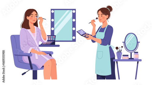 Professional makeup artist applying cosmetics to a client in a well lit beauty salon setting with mirrors