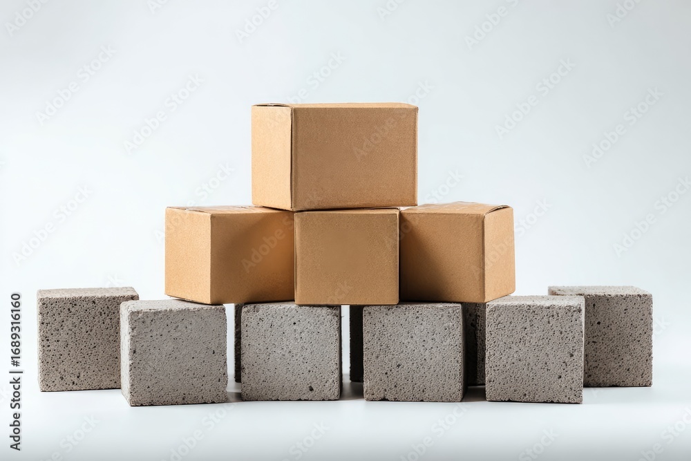 Obraz premium Stacked cardboard boxes on gray blocks