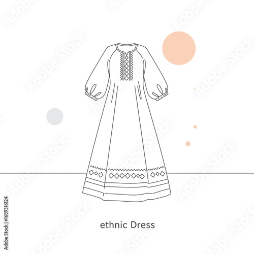 Line Art Ethnic Dress Design on White Background