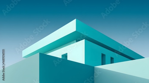 Geometric Modern Architecture in Turquoise with Clean Lines Against a Tranquil Sky Background
