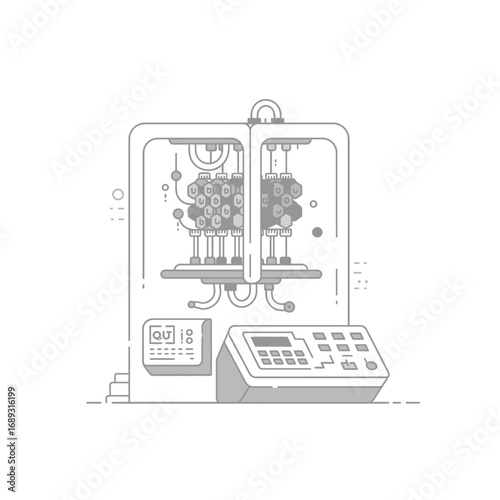 Line Art Illustration of 3D Printer Manufacturing a Complex Object