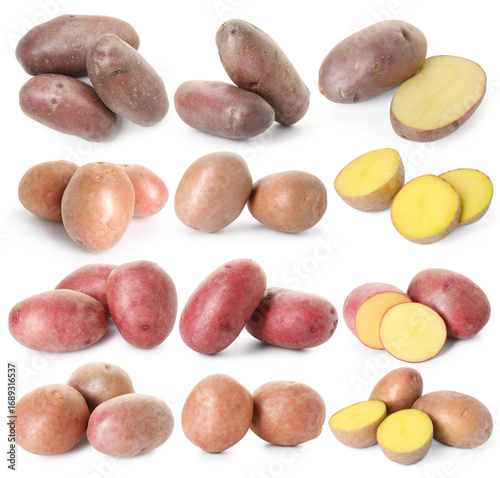 Papier peint Different types of raw potatoes isolated on white, collage