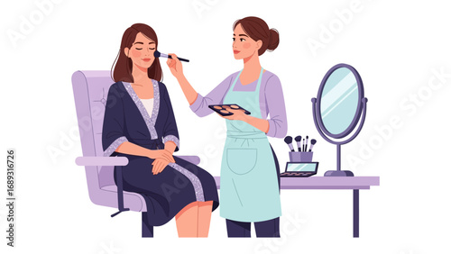 Professional makeup artist applying cosmetics to a smiling client in a salon setting with beauty tools