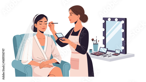 Professional makeup artist applying cosmetics to a client in a salon setting with vanity mirror