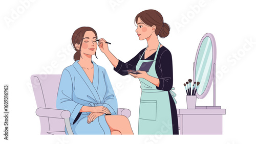 Professional makeup artist applying cosmetics to a woman s face in a salon setting with mirror and brushes