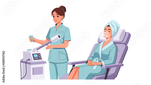 Skilled esthetician performing facial treatment with steamer for relaxed client in spa chair