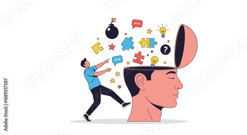 Man with open mind releasing thoughts ideas and problems symbols in a creative concept
