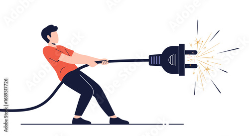 Person pulling large electrical plug out of outlet sparks flying energetic action