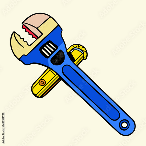 Colorful illustration of an adjustable wrench for plumbing and mechanical work