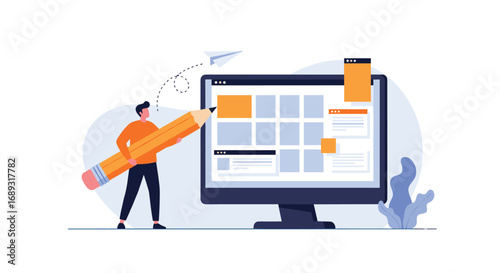 Web design concept illustrating content creation process using digital tools on a computer screen