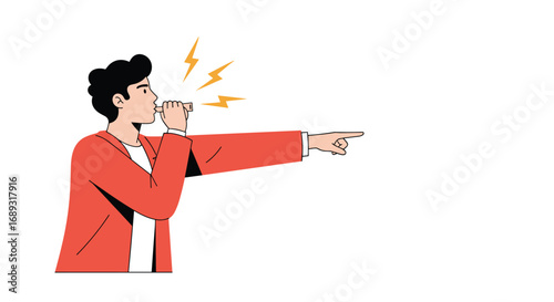 Alert person blowing whistle directing attention with finger and showing urgency and warning signs