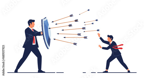Businessperson defending against arrows with a shield while another person reaches the finish line
