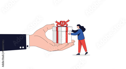 Hand giving gift box to a person receiving a surprise present