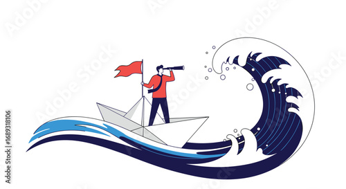 Man standing on small boat holding spyglass searching the horizon while large wave approaches